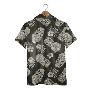 Vintage Greyscale Tiki Hawaiian Shirt with Hibiscus on Charcoal