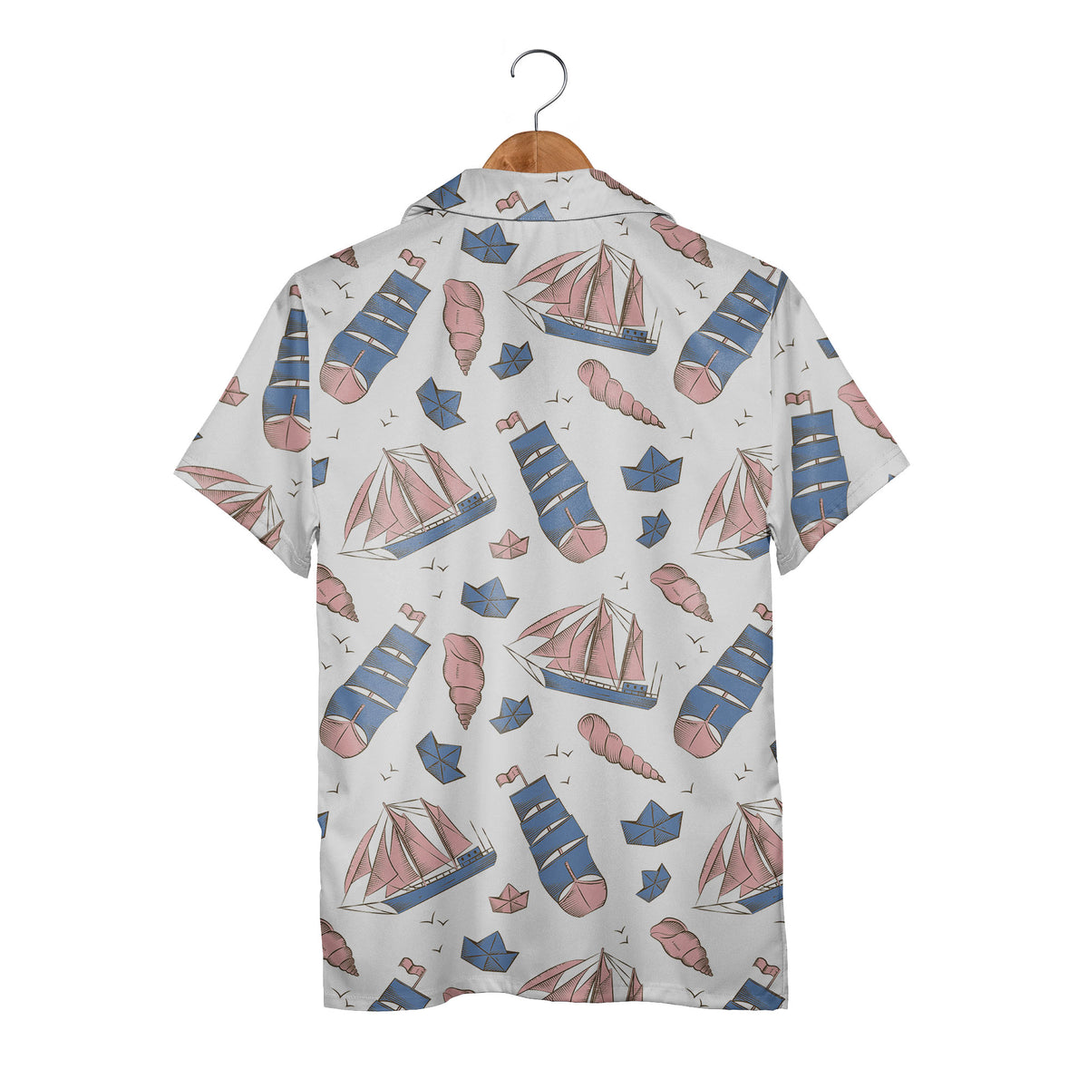 Vintage Sailboat & Seashell Nautical Hawaiian Shirt – Marine Bird Pattern