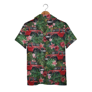 Vintage Tropical Jeeps Hibiscus Leaves Green Aloha Button Down Shirt Hawaiian Shirt
