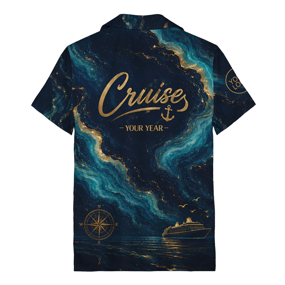 watercolor cruise ship & compass rose ocean waves nautical hawaiian shirt