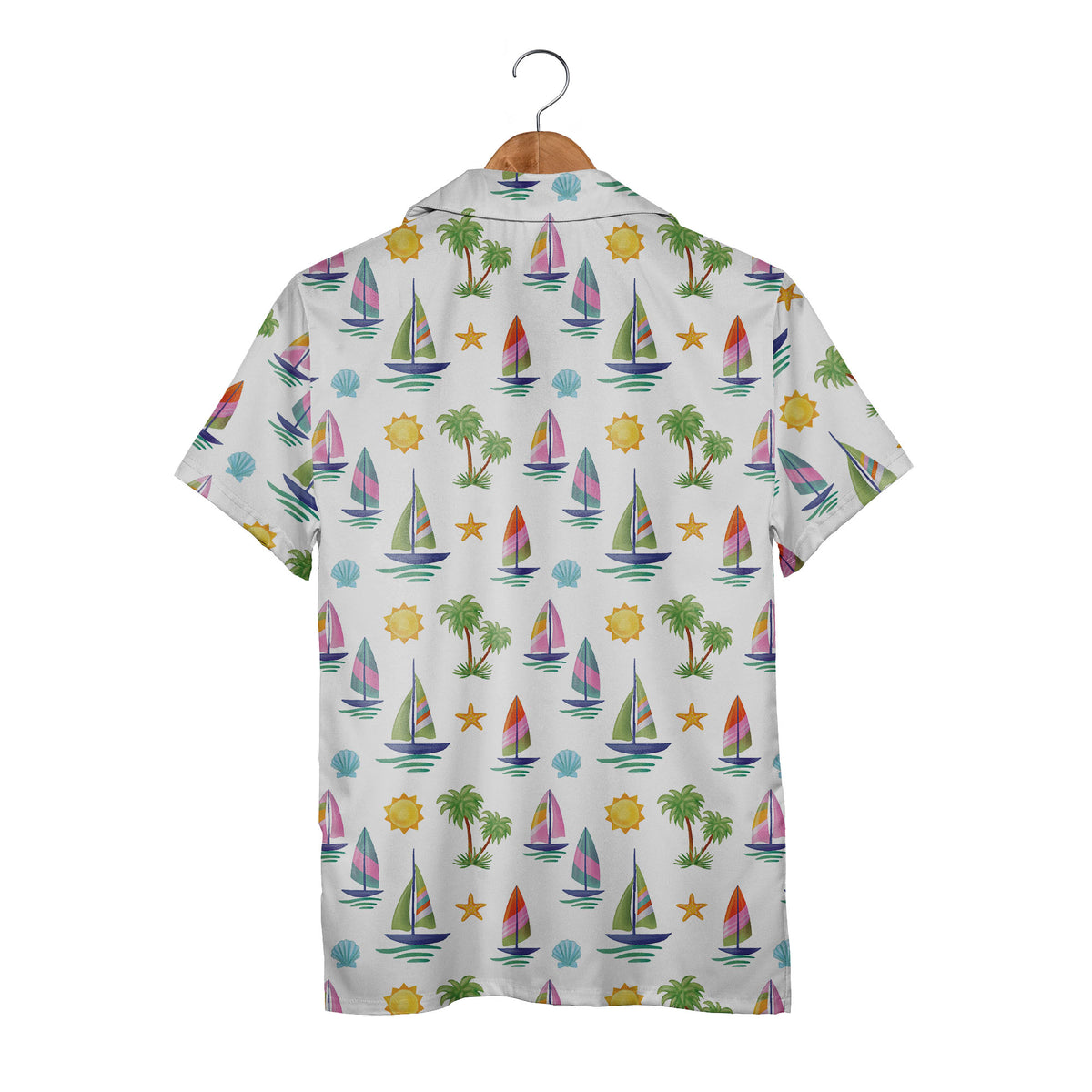 Watercolor Sailboat & Palm Tree Hawaiian Shirt – Tropical Beach Style