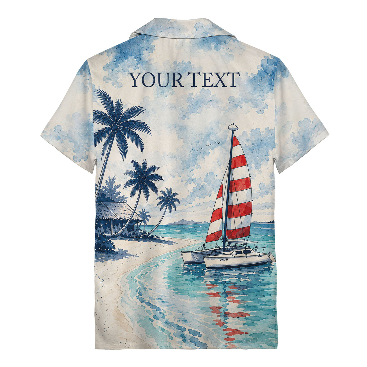 watercolor sailboats & palm trees beach scene navy hawaiian shirt for men