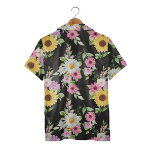 Watercolor Sunflower and Daisy Hawaiian Shirt with Lavender Accents on Black