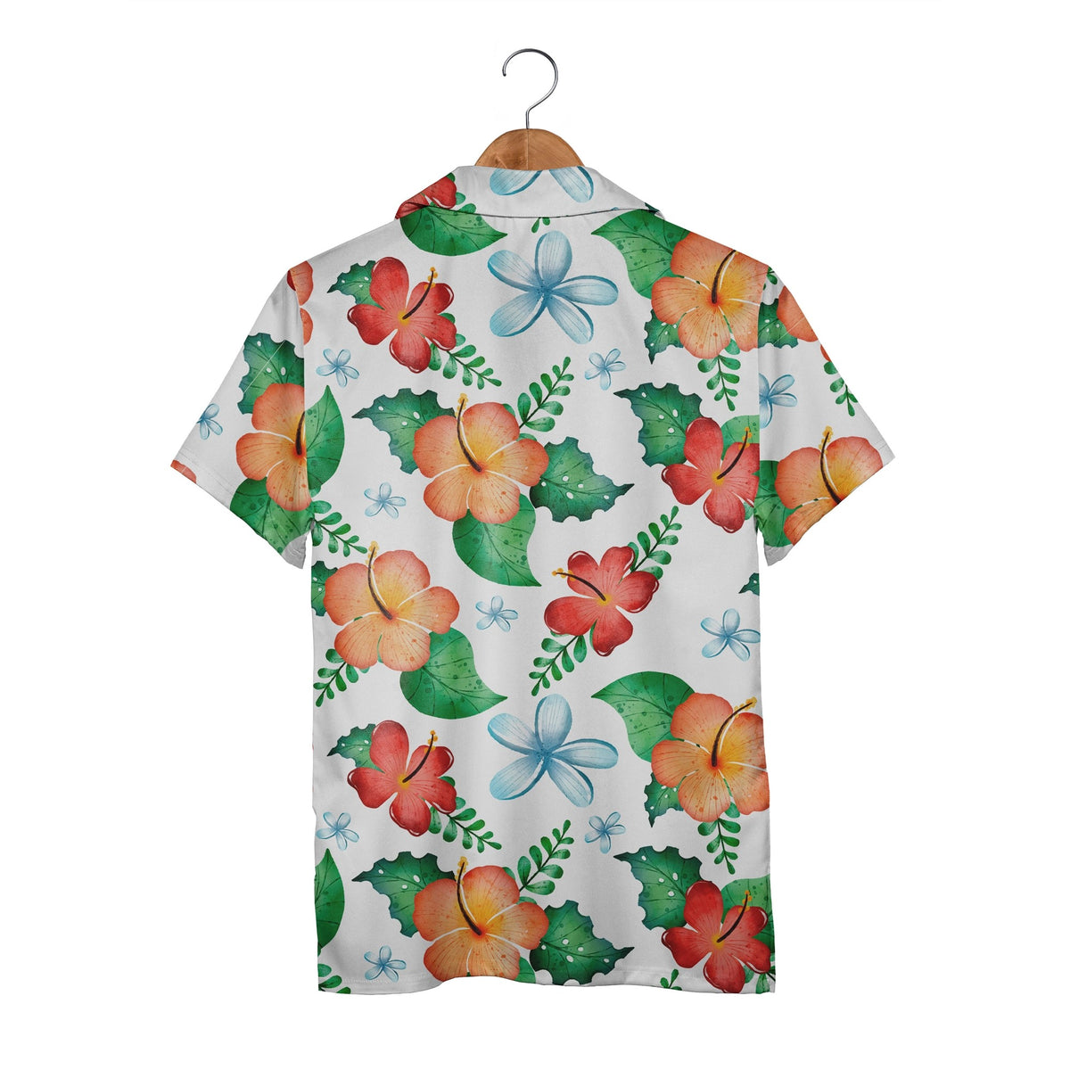 White Watercolor Hibiscus Hawaiian Shirt with Blue Plumeria and Tropical Leaves