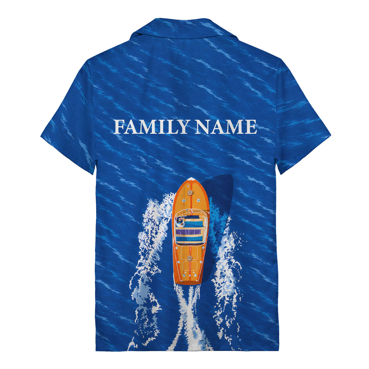 wooden speedboat racing navy blue ocean waves hawaiian shirt