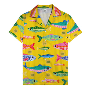 colorful cartoon fish & gold circle logo hawaiian shirt for men
