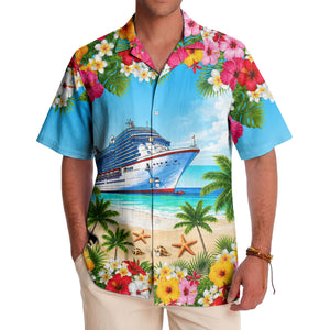 cruise ship hibiscus palm beach scene hawaiian shirt for men