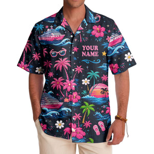 cruise ship sunset palm trees & hibiscus hawaiian shirt