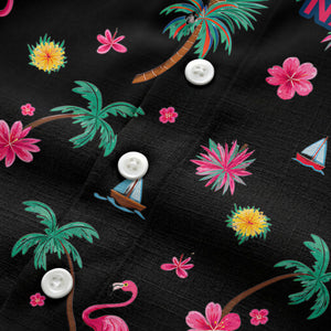 flamingo sailboat hibiscus palm watercolor hawaiian shirt