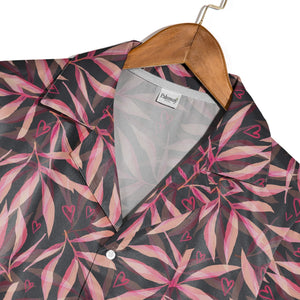 Glossy Hearts Hawaiian Shirt in Bright Pink and Red on Black Background