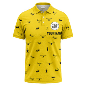 helicopter silhouette repeat pattern custom logo men's aviation polo shirt