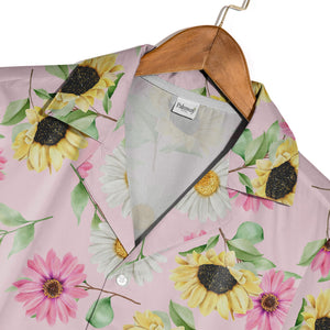 Joyful Sunflower and Pink Gerbera Hawaiian Shirt on Pastel Pink