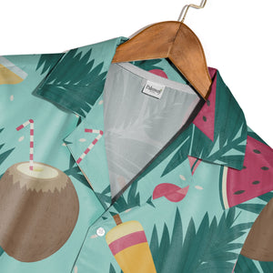 Mint Green Watercolor Coconut Face Hawaiian Shirt with Plumeria Flowers