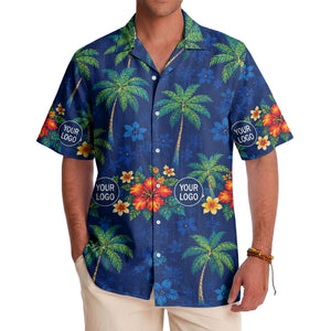 navy blue watercolor palm trees & hibiscus aloha hawaiian shirt