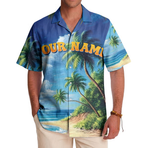 palm trees over ocean waves photorealistic hawaiian shirt