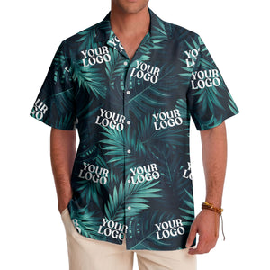 photorealistic palm leaves custom logo navy blue hawaiian shirt