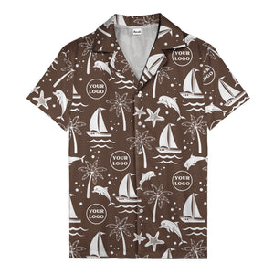 sailboats dolphins palm trees starfish repeat pattern black white hawaiian shirt