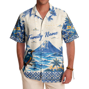 watercolor blue bird soaring over palm trees mountain scene hawaiian shirt