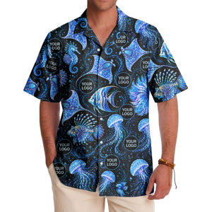 watercolor seahorses jellyfish navy blue hawaiian shirt