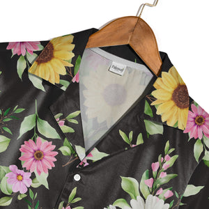 Watercolor Sunflower and Daisy Hawaiian Shirt with Lavender Accents on Black