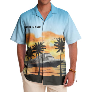 watercolor sunset cruise ship palm trees hawaiian shirt for men