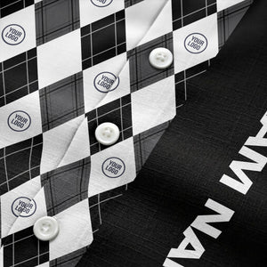 argyle diamond repeat black white custom logo team name hawaiian shirt