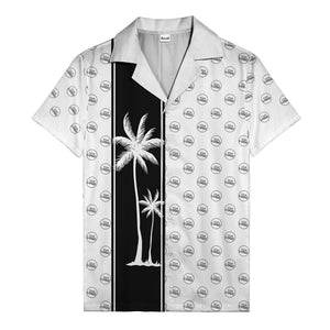 black white vertical palm trees & custom logo repeat hawaiian shirt