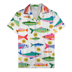 colorful cartoon fish & gold circle logo hawaiian shirt for men