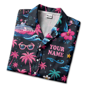 cruise ship sunset palm trees & hibiscus hawaiian shirt