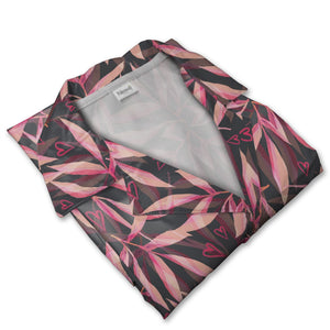 Glossy Hearts Hawaiian Shirt in Bright Pink and Red on Black Background