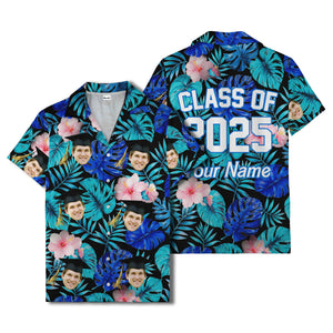 graduation caps tossed over hibiscus blooms on monstera hawaiian shirt