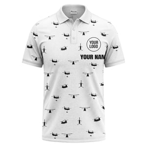 helicopter silhouette repeat pattern custom logo men's aviation polo shirt
