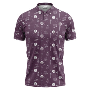 illustrated golf carts & clubs repeating on dark gray hawaiian polo shirt for men