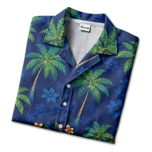 navy blue watercolor palm trees & hibiscus aloha hawaiian shirt