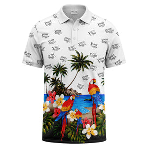 parrot palm plumeria beach watercolor polo shirt