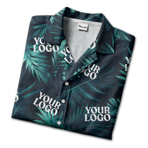 photorealistic palm leaves custom logo navy blue hawaiian shirt