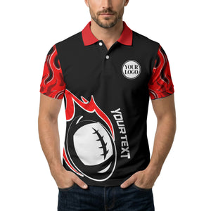 rugby ball bursting through flames black red graphic polo shirt for men