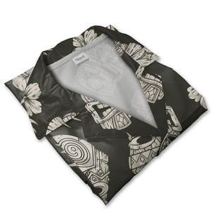 Vintage Greyscale Tiki Hawaiian Shirt with Hibiscus on Charcoal