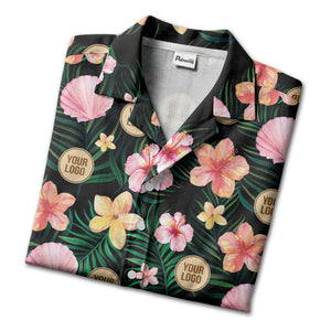watercolor hibiscus plumeria custom logo black hawaiian shirt