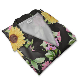 Watercolor Sunflower and Daisy Hawaiian Shirt with Lavender Accents on Black
