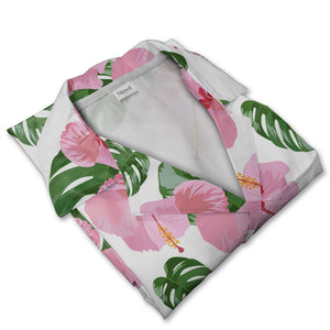 White Elegant Pink Rose Hibiscus Hawaiian Shirt with Fresh Monstera Leaves