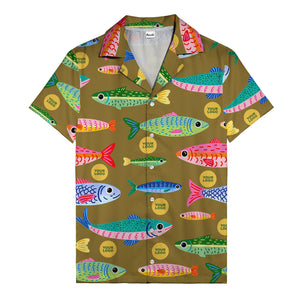 colorful cartoon fish & gold circle logo hawaiian shirt for men