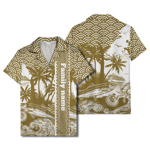 cruise ship & palm trees fish waves aloha hawaiian shirt