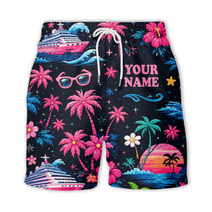 cruise ship sunset palm trees & hibiscus hawaiian shirt