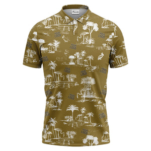 flamingo oasis palm trees sketch pattern black white polo shirt for men