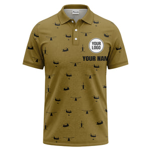 helicopter silhouette repeat pattern custom logo men's aviation polo shirt