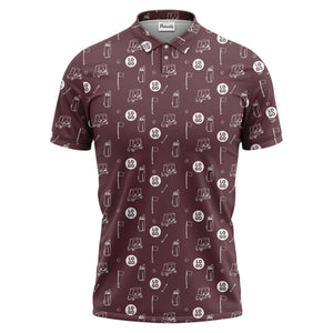 illustrated golf carts & clubs repeating on dark gray hawaiian polo shirt for men