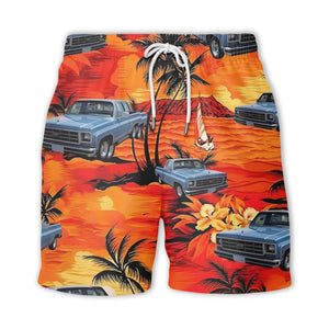 illustrated pickup trucks cruising palms tropical hawaiian shirt for men