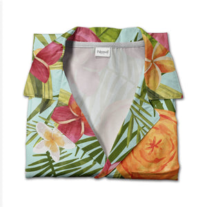 Pale Cream Watercolor Hibiscus Hawaiian Shirt with Berries and Paint Splatters