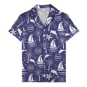 sailboats dolphins palm trees starfish repeat pattern black white hawaiian shirt